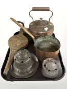 A Victorian copper kettle, a saucepan, pair of bellows, pewter ink wells.