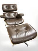 After Charles and Ray Eames : A contemporary model 670 swivel lounge armchair and matching 671