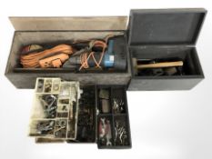 Three boxes containing hand and power tools, cables, hardware, fittings.