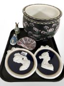 A Maling planter, Beswick figure of Peter Rabbit, pair of continental porcelain plaques,