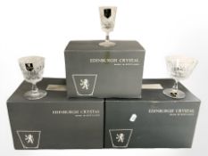 Three sets of six Edinburgh crystal glasses, tallest 10.5 cm, all boxed.