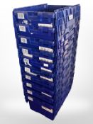 Ten heavy-duty plastic transit crates, with hinged lids, blue.