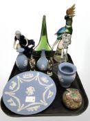 A continental glass figure of a parakeet, further green glass vessel,