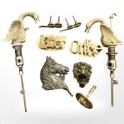 Brass 'Later' and 'At Once' desk paper clips, pair of ornate gilt metal taps in the form of swans,