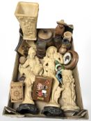 Oriental resin figures, treen vessels and boxes, etc.