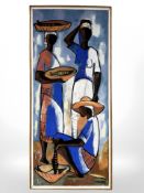 Luckner Lazard (Haitian, 1928-1998) : Figures in a fish market, oil on canvas, 30.5 cm x 71 cm.