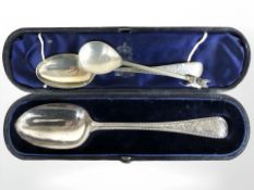 A boxed silver spoon plus two others. CONDITION REPORT: 56.1g gross.