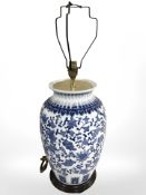 A reproduction Chinese blue and white porcelain lamp base, height 60 cm including fitting.