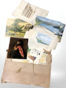 A folio containing antiquarian unframed paintings including landscapes, architectural drawings, etc.