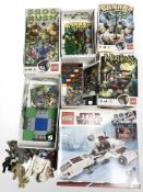 Four boxed LEGO sets including Star Wars freeco speeder, etc, and several Star Wars figurines.