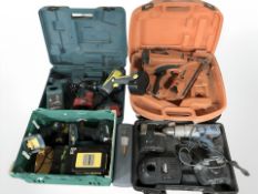 A group of boxed power tools including Makitka,