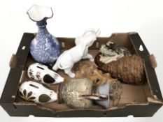 A Fenton blue and white transfer printed vase, ceramic figure of an elephant, money boxes,