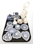 A group of blue Wedgwood jasper ware pin dishes, jug, Royal Crown Derby milk jug,