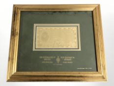 A Central Bank of Ireland five pounds 99.9% pure gold note, limited edition No.