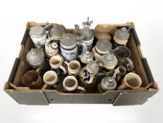 A collection of German pottery steins.