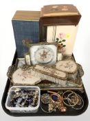 A group of Petit Point dressing table items, jewellery boxes, costume bangles and necklaces,