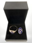 A gent's 9ct gold and blue enamel Masonic signet ring and a similar gold plated cufflink.