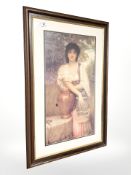 A colour print depicting a lady by a well, 33 cm x 62 cm.