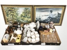 Assorted tea china, drinking glasses, figurines, two gilt framed pictures, etc.