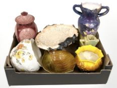 A quantity of earthenware planters, Art Deco jug, twin handled vase, etc.