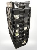 Ten plastic stackable storage crates with folding lids, each 60 cm x 40 cm x 32 cm.