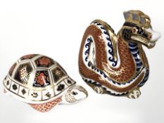 Royal Crown Derby dragon and tortoise paperweights, tallest 11 cm.