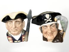 Two Royal Doulton character jugs : Williamsburg Guardsman D6568 and Long John Silver D6335