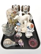 A pair of copper lustre Staffordshire spaniels, diorama under glass dome, model ship in light bulb,