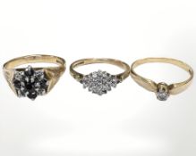Three 9ct yellow gold dress rings set with diamonds and sapphires.