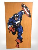 A large contemporary oil on canvas depicting Captain America, 176 cm x 97 cm.