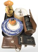 A gas mask in leather case, vintage camera, Burleigh ware, Art Deco jug,