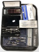 A group of precision drawing sets and pens including Parker, Osprey.