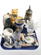 Two silver mounted crystal perfume bottles, Nao figure of a boy, Wood & Sons car teapot,