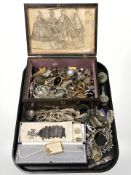 Assorted costume jewellery, white metal items, wrist and pocketwatches, brooches, coins, earrings,