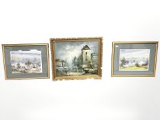 A Parisian oil on board, 60 cm x 50 cm, together with two prints depicting Bermuda.