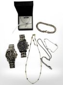 A group of jewellery including silver necklace with pearl drop, Guess watch,