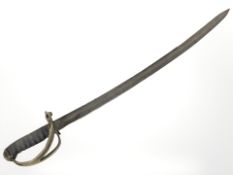 A 19th century short sabre with brass three bar hilt and wire bound shagreen grip, blade 61 cm.