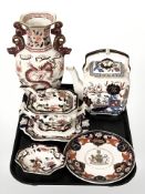 A Masons twin handled vase, Masons Mandolay tureen on stand, further dish,