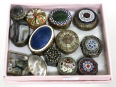 A group of decorative pill boxes including silver examples, some enameled,