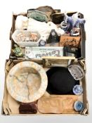 An Art Deco mottled glass light shade, figurines, ceramics, bowler hat, etc.