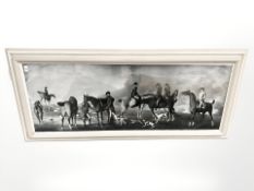 A monochrome print depicting figures hunting on horseback, 131 cm x 48 cm.