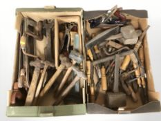 Assorted carpentry tools including chisels, hammers, record No.4 plane, handsaws, etc.