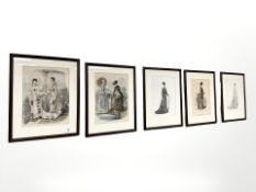 Five French colour prints depicting ladies in traditional dress, 21 cm x 27 cm.