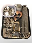 Assorted antique and later keys, large balance scale, pad lock, folding knives,