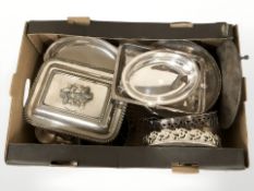 A quantity of silver plated wares, muffin dish, gallery trays, etc.