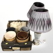 A group of earthenware pots, two brass and glass oil lamps, etc.