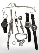 A group of jewellery including bulldog ring, dress ring with clear stone, metal chain,