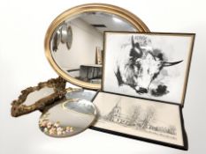 A gilt oval mirror, width 80 cm, and several further mirrors, pictures, etc.