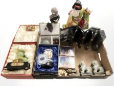 Oriental wares including a pair of carved soapstone foo dogs, miniature lacquer temple screens,