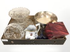 Pressed glass items, contemporary jewellery box, a silver plated bowl with twin lion mask handles,